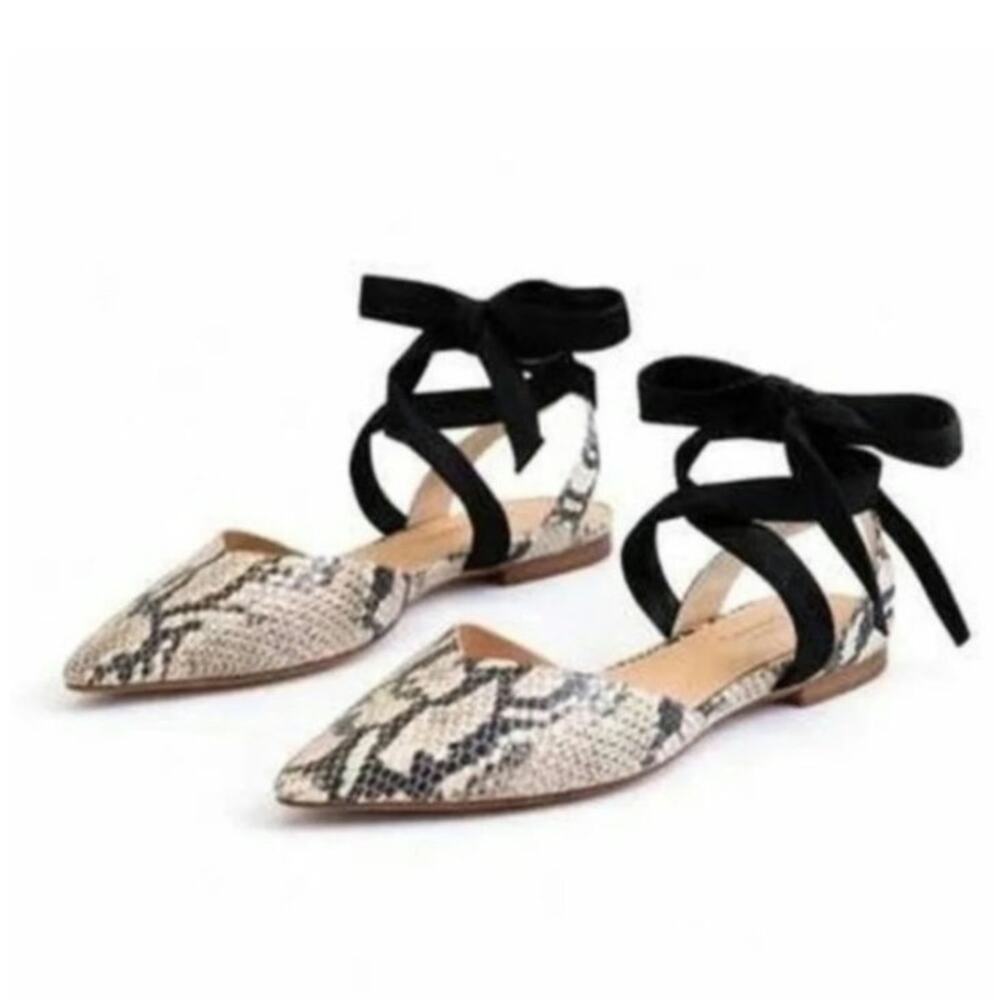 Schutz Natural Barbrah Flats Snake Skin Ballet Tie Up Mule Neutral Womens 6.5